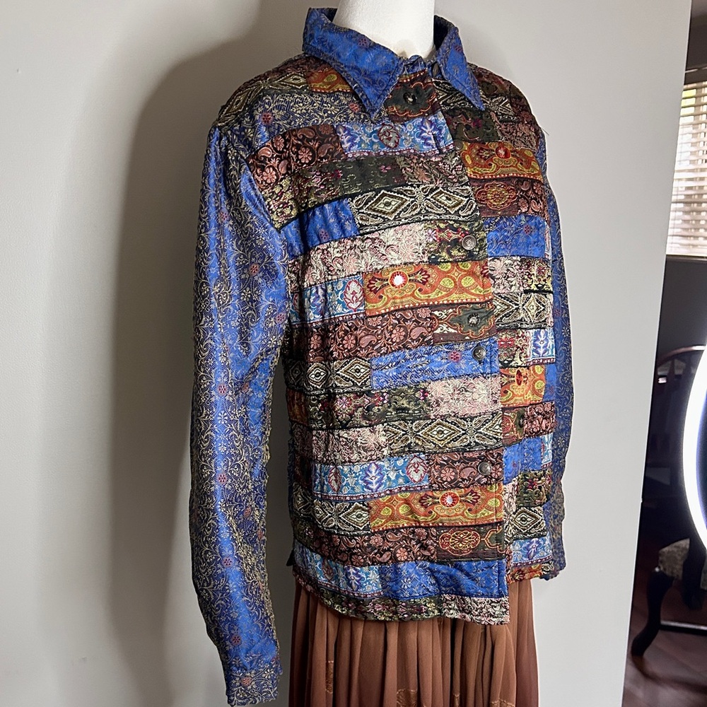VINTAGE Y2K Boho Brocade Patchwork Silk Tapestry Jacket Whimsigoth Art Wear Sz L - Picture 4 of 15